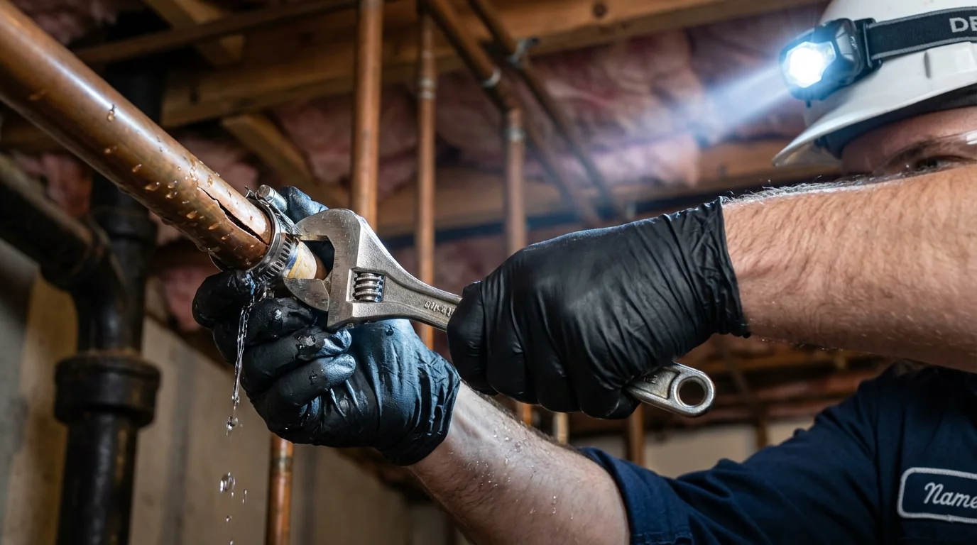 Emergency pipe clamp repair being performed by a Johns Plumbing LLC plumber in Villa Park